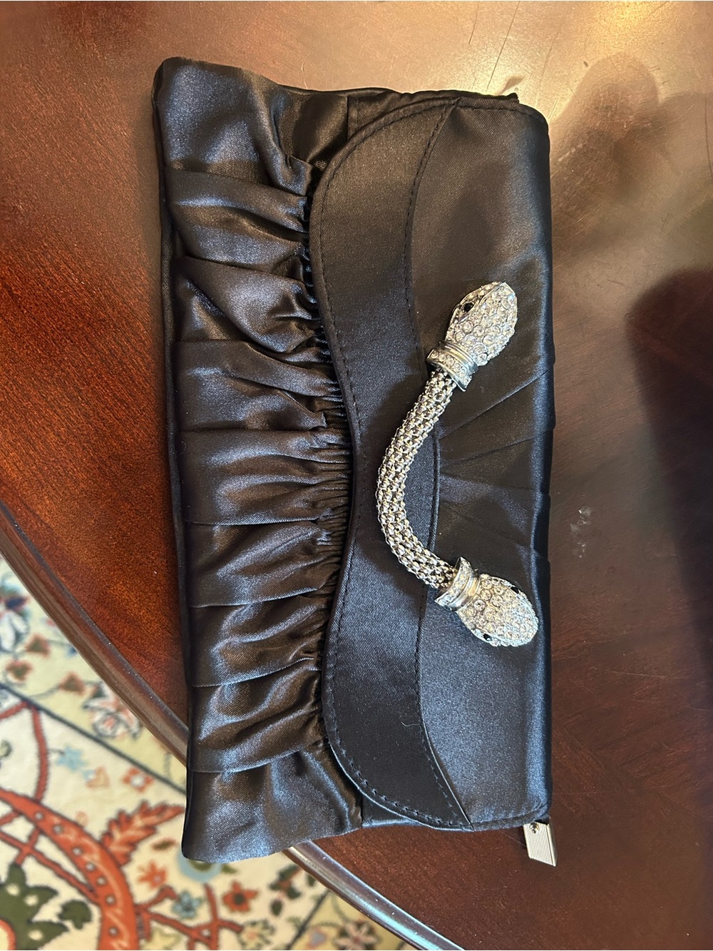 Black Satin Evening Clutch with Crystal Accent